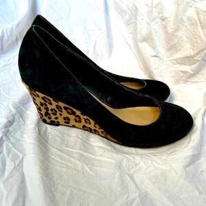 Franco Sarto Black Wedges with Leopard Faux Hair 9.5